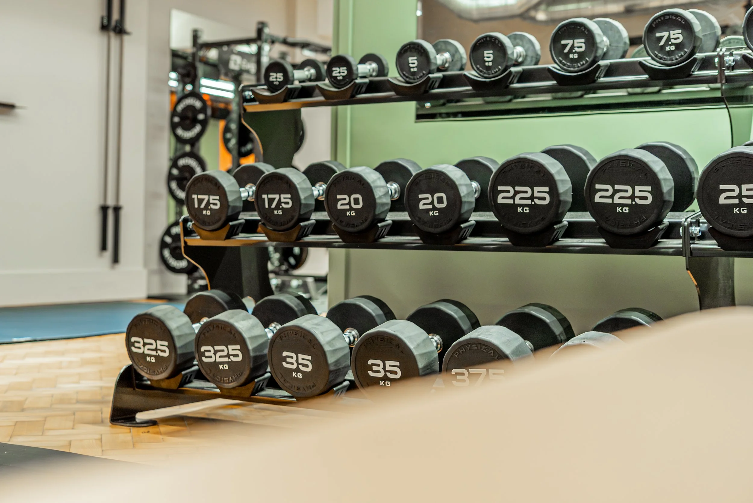 Dumbbells from 2.5 to 37.5 kg on a three tier rack in front of the sage wall