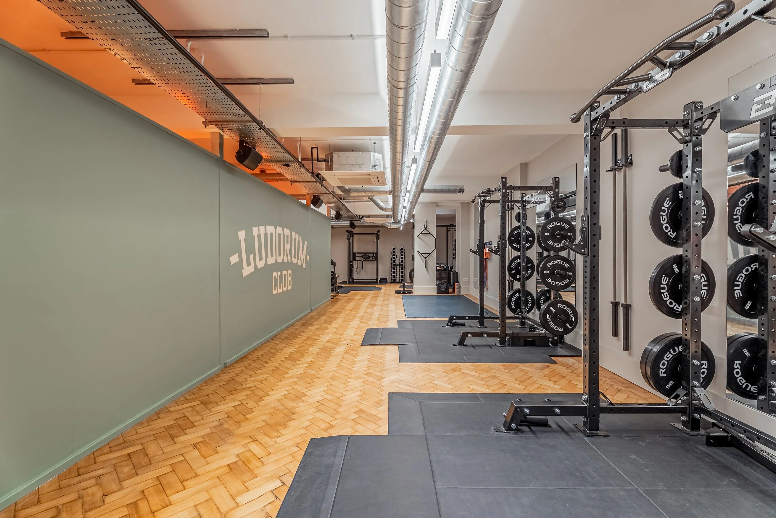 Looking down the gymnasium: the painted wall on the left, a row of Exigo racks and Rogue plates on the right